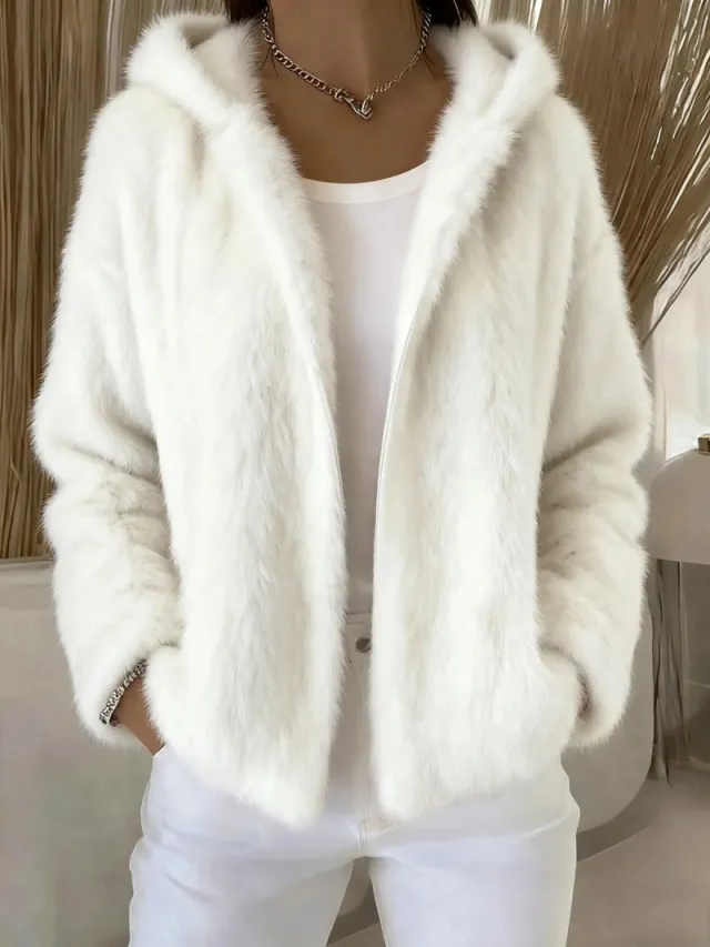 Fall Winter Hooded Solid Color Fashion Casual Zip Coat White - Shop at LoveMi