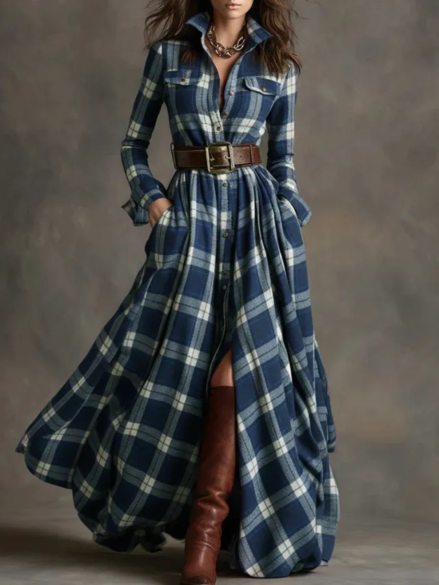 Ins Plaid Print Long Sleeved Dress Fashion Pockets Collared Buttons Shirt Long Dresses Retro Women's Clothing Navy - Shop at LoveMi