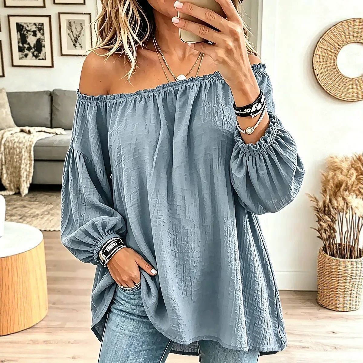 Off-shoulder Elastic Ruffled-edge Loose-fit Casual Womens Blouse