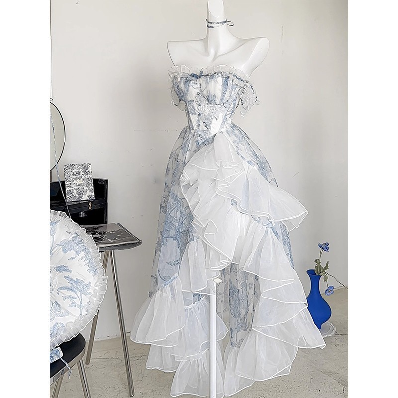 French Blue Floral Strapless Dress Children