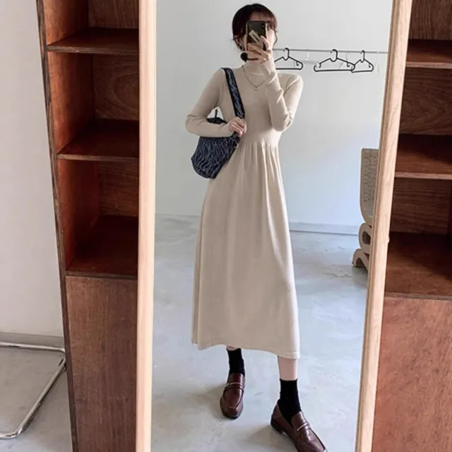 French Sweater Half high Collar Knitted Dress For Women Apricot - Shop at LoveMi
