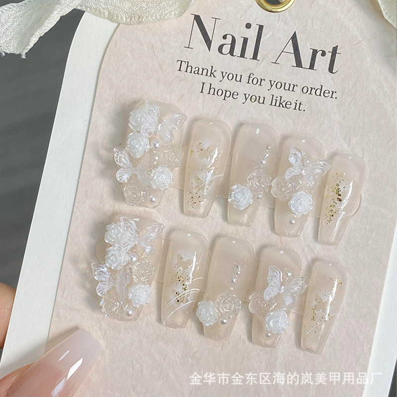 Handmade Wearable Nails In An Icy Translucent Camellia Design With A Blue-to-white Gradient
