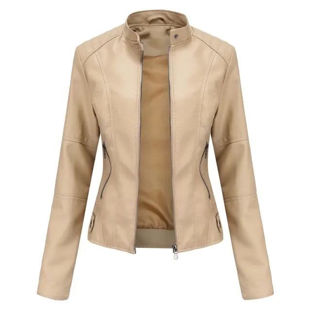 Thin Large Size Leather Clothing With Stand Collar Slim fit Jacket Apricot - Shop at LoveMi