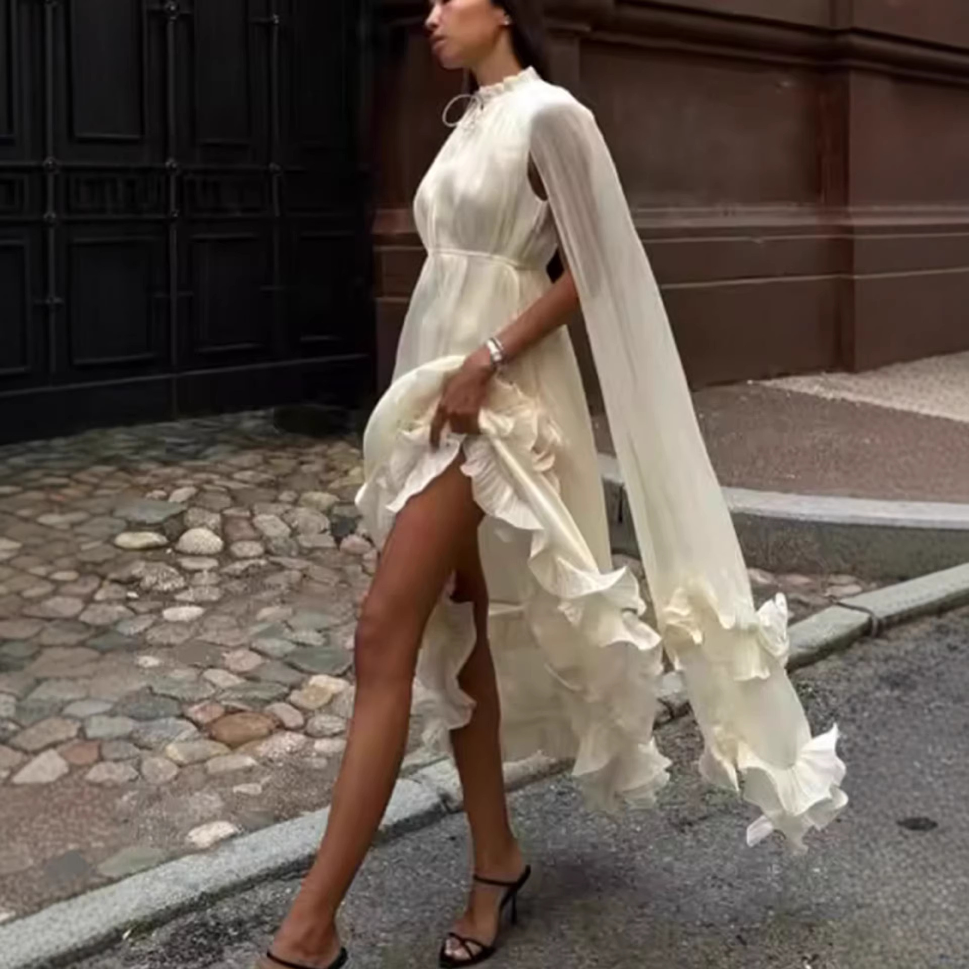 Irregular Ruffle French Shawl Dress