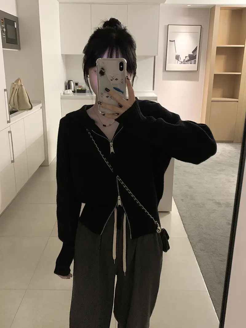 Short Hood Double Zipper Sweater Coat
