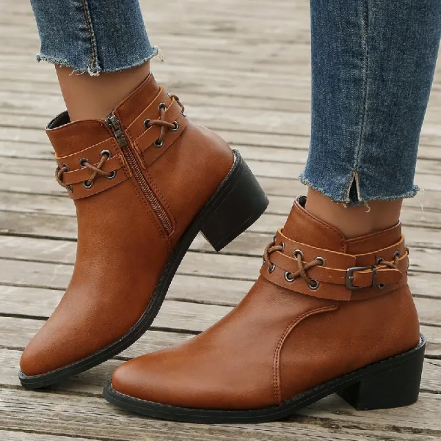 Women's Ankle Pointed toe Side Zip Thick Heel Rivet Leather Boots Brown - Shop at LoveMi