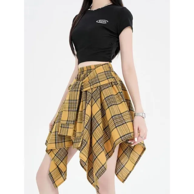 Design Irregular Plaid Women's Neologism Bow Lace Up Casual Sports Skirt Yellow Plaid - Shop at LoveMi