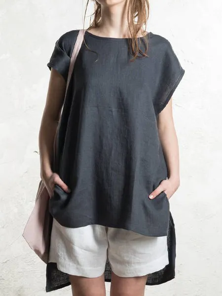 Round Neck Front Short Back Long Short Sleeve Top For Women Black - Shop at LoveMi