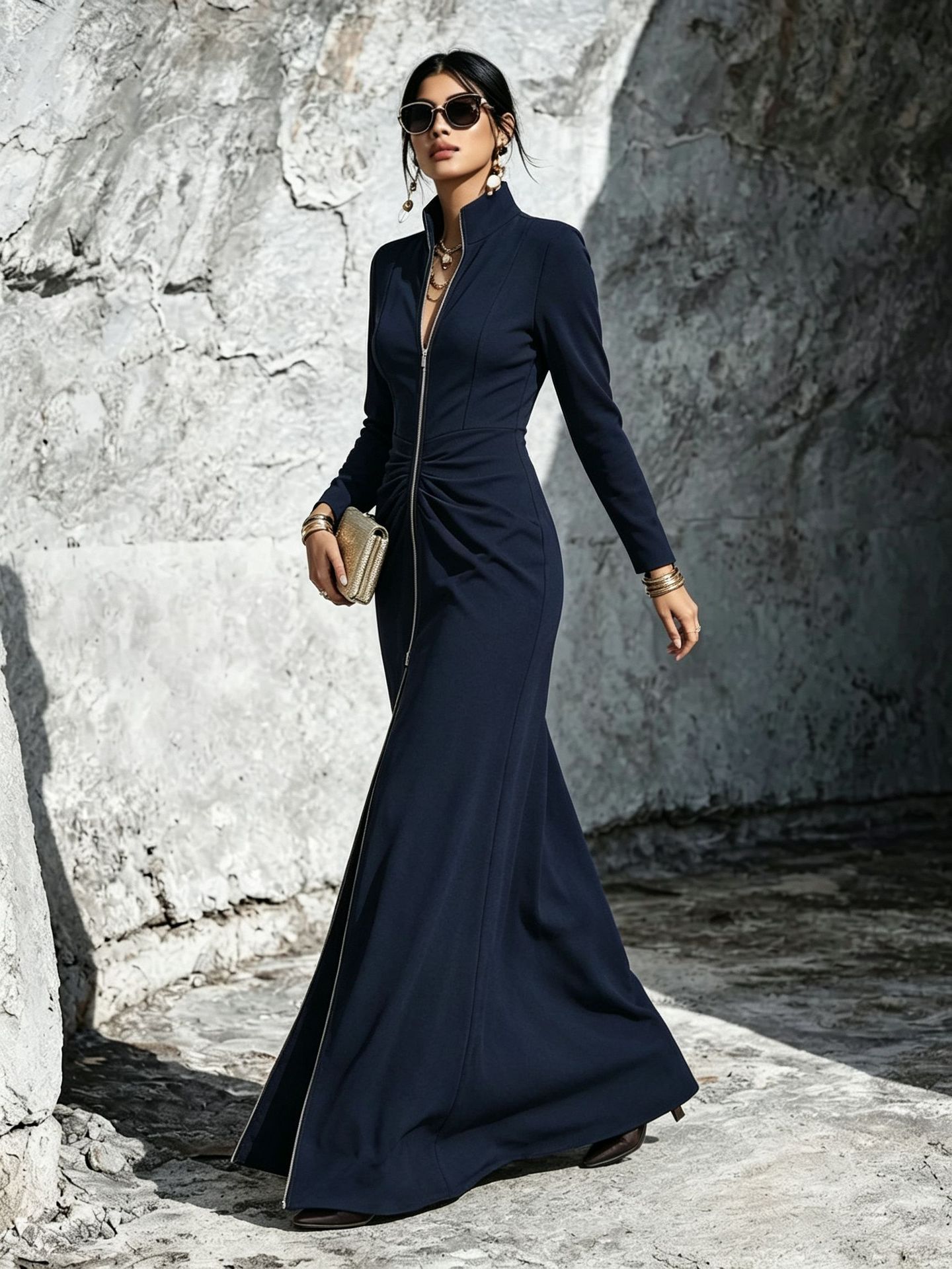 Women's Long-Sleeve Zip-Up Dress - Slim Fit Elegant