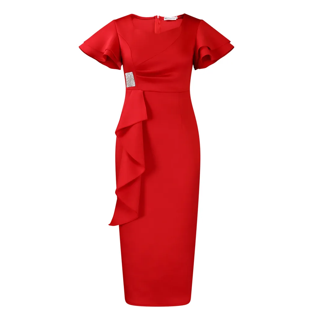 Fashionable Elegant Ruffled Solid Colour Sheath - Red