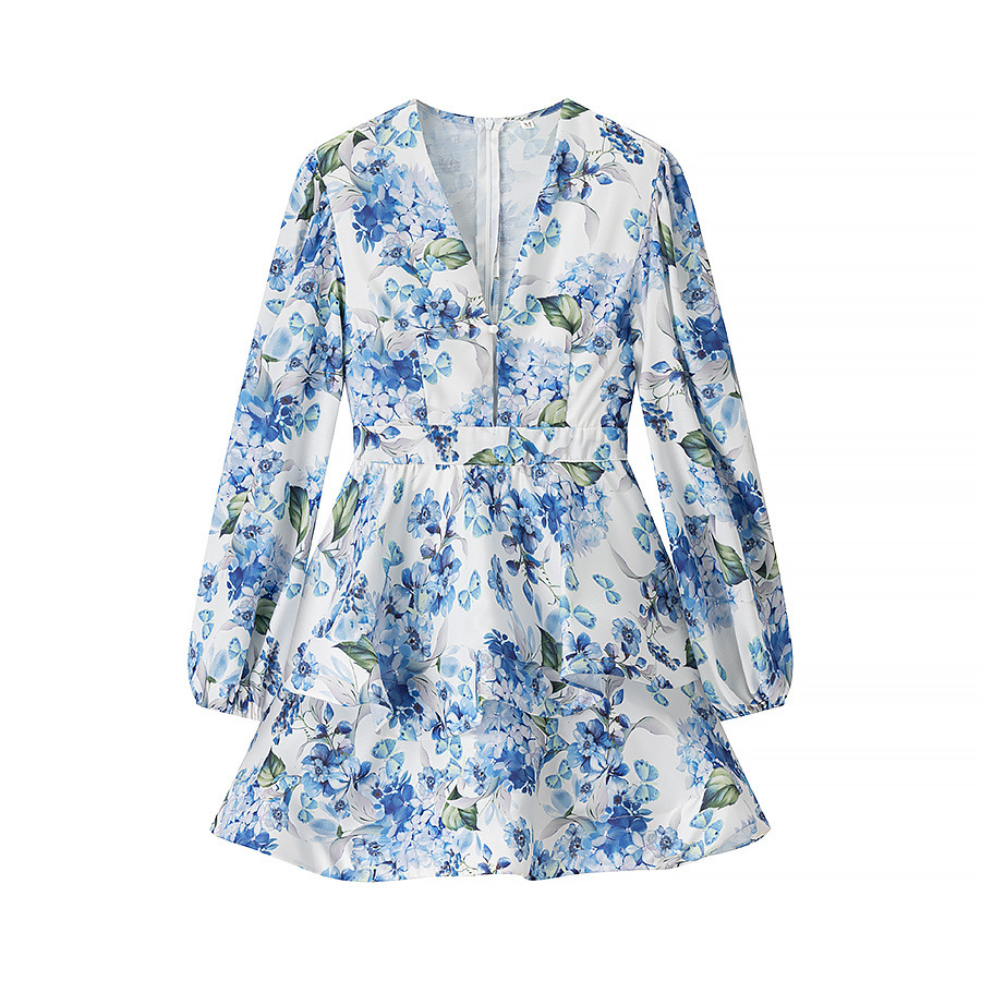 New Summer Slim Linen Printed V-neck Dress