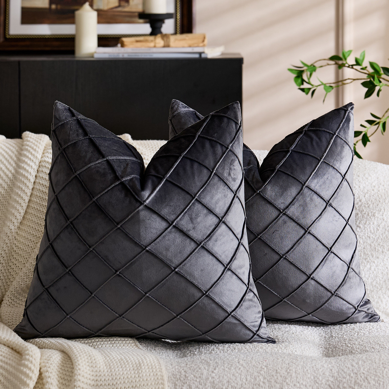 Solid Color Velvet Embroidered Plaid Pillowcase 12