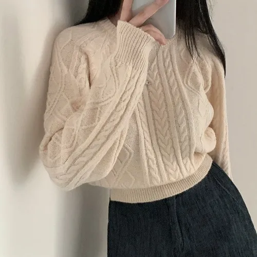 Autumn And Winter French Minority Retro Twist Crew Neck Pullover Sweater Apricot - Shop at LoveMi