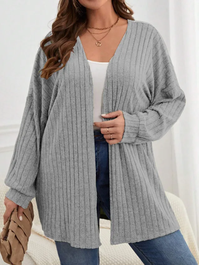 Long Sleeve Loose Midi Knitted Open Plus Size Women's Coat Gray - Shop at LoveMi