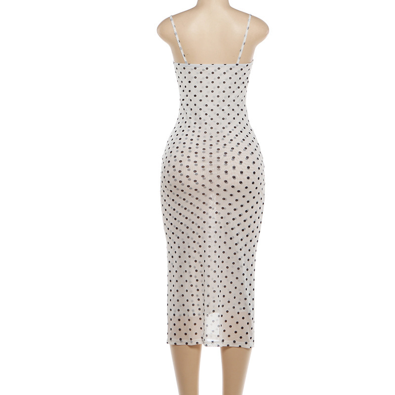 Vestido Feminino Midi de Poá com Renda e Alças