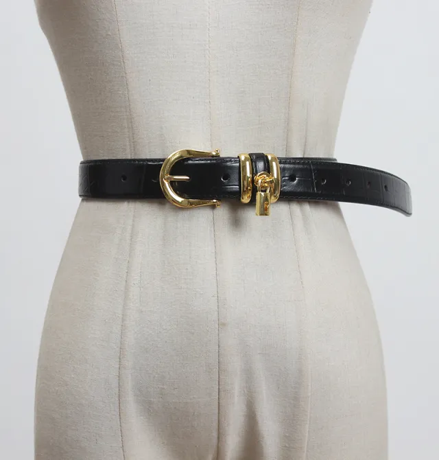 Women's Simple And Versatile Decoration Jeans Strap Genuine Leather Fashion Belt Black Lock Head - Shop at LoveMi