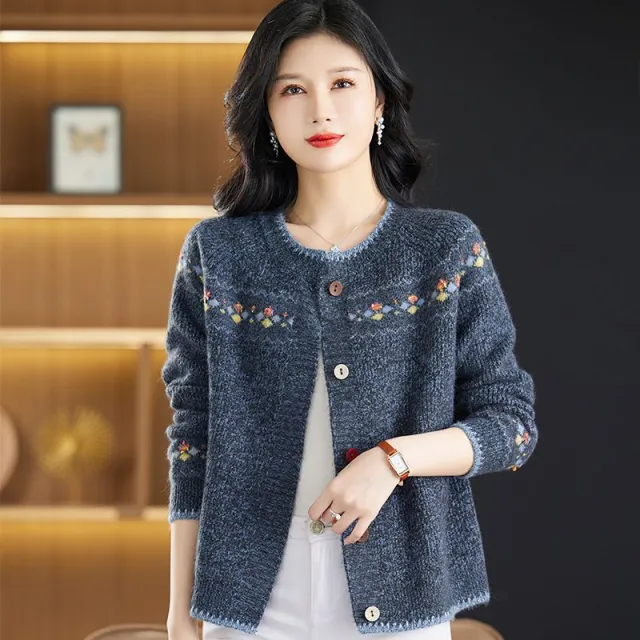 Knitted Cardigan Round Neck Short Loose Sweater Blue - Shop at LoveMi