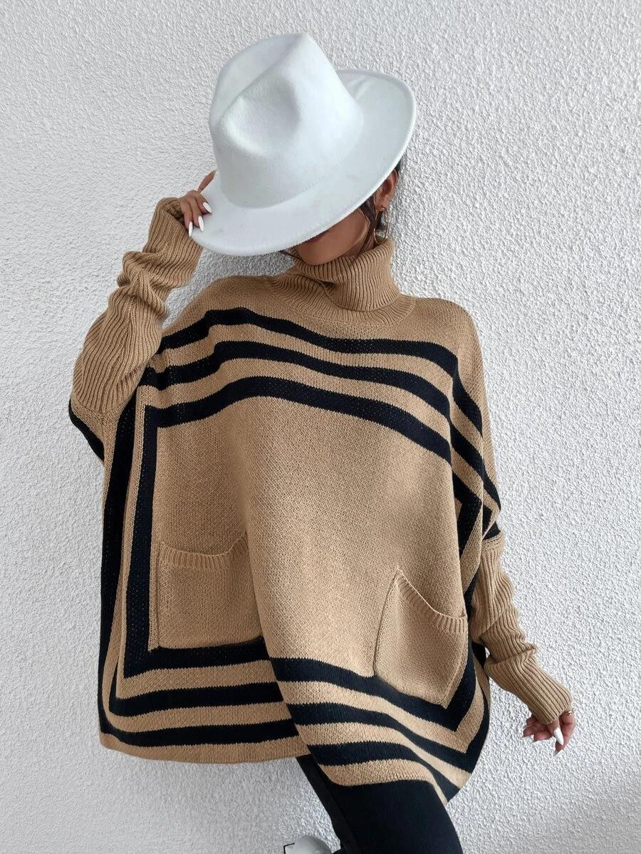 Title 3, Turtleneck Striped Batwing Sleeve Cape And Shaw...