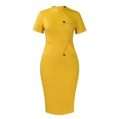 Fashionable And Elegant OL Pencil Short-sleeve Semi-high Neck Bodycon Dress - Yellow - View 1