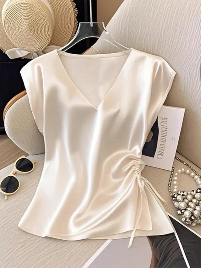 Womens Solid Color Casual Satin V Neck Top With Drawstring Hem White - Shop at LoveMi
