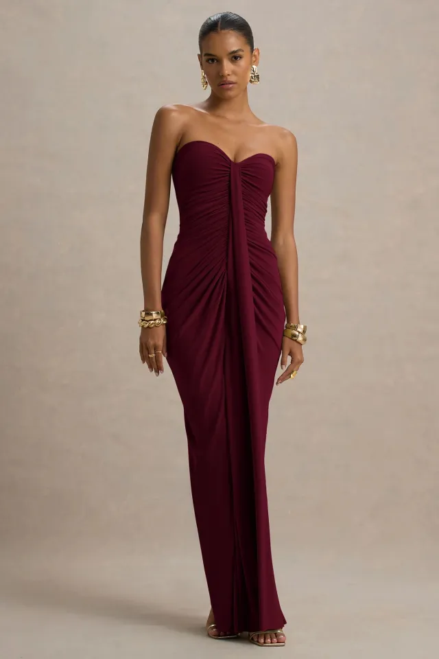 Sexy Bandeau Slim Fit Pleated Sheath Dress Wine - Shop at LoveMi