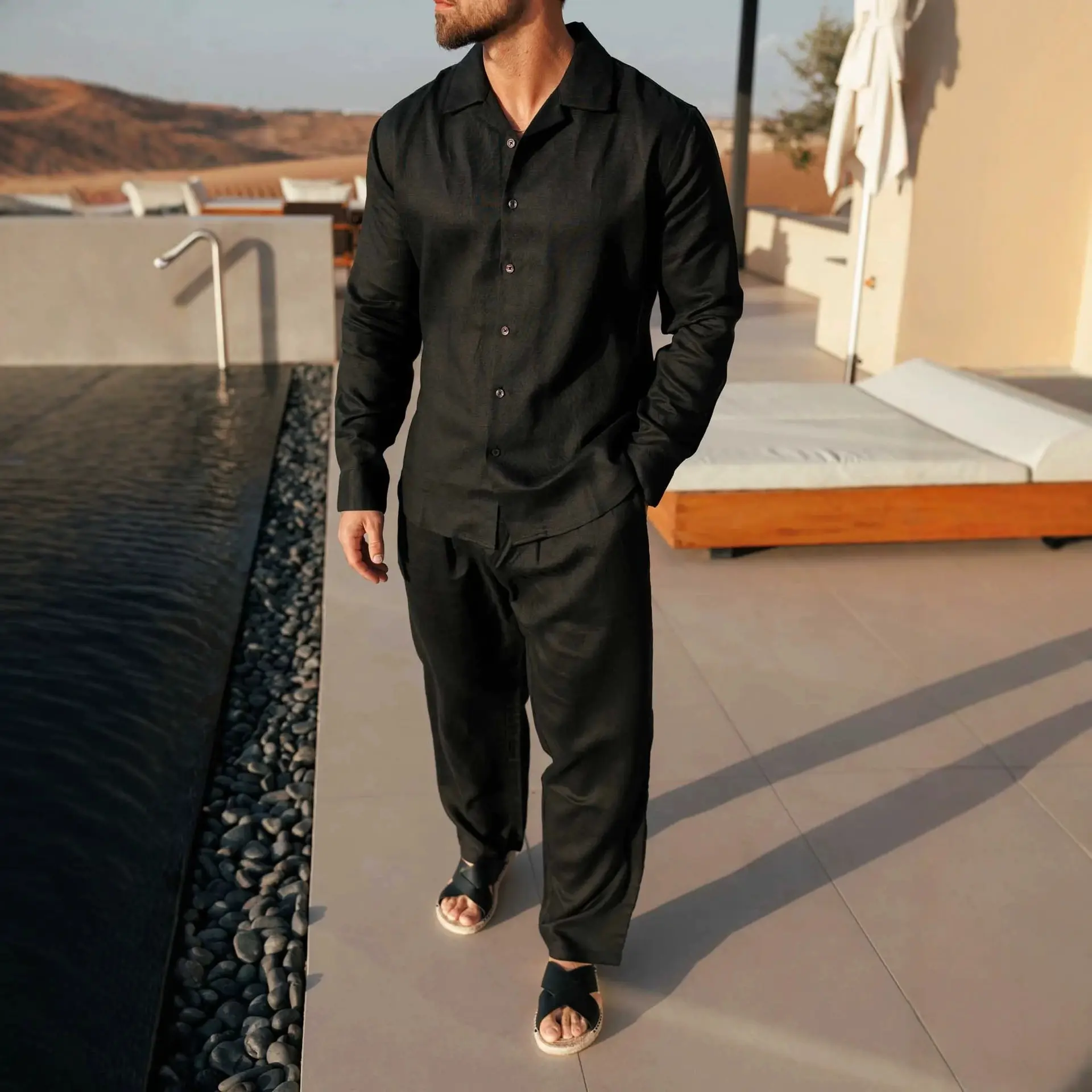 Cuban Collar Long Sleeve Shirt & Straight