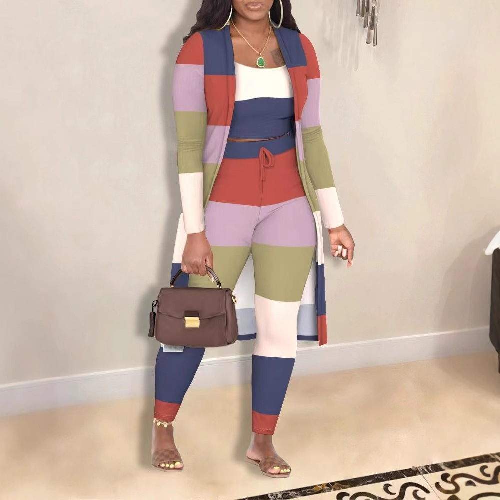 Casual Fashion Colored Plaid Pattern Trousers Jacket Three-piece Set