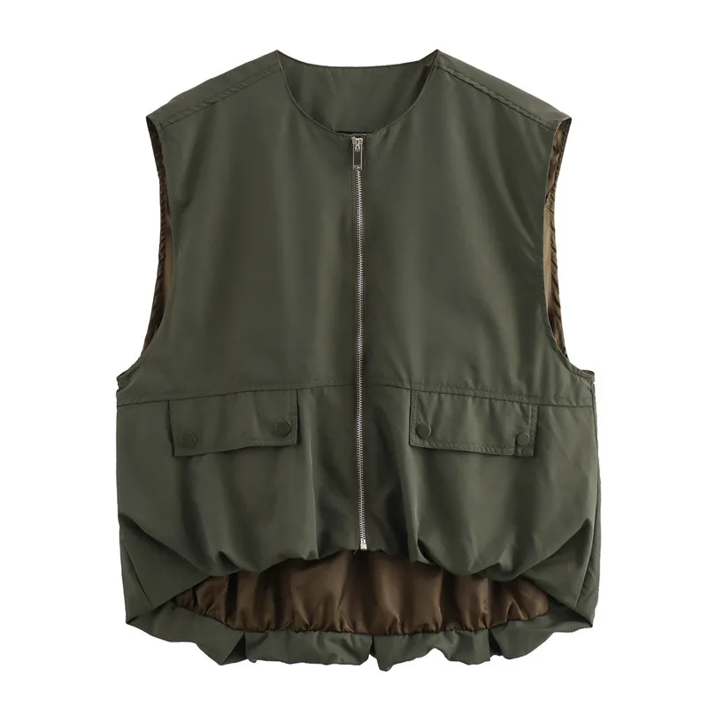 Pleated Hem Sleeveless Loose Vest - Army Green