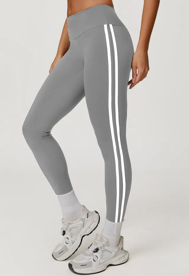 Side Striped Fitness Trousers High Waist Hip Lift Gray And White Stripes - Shop at LoveMi