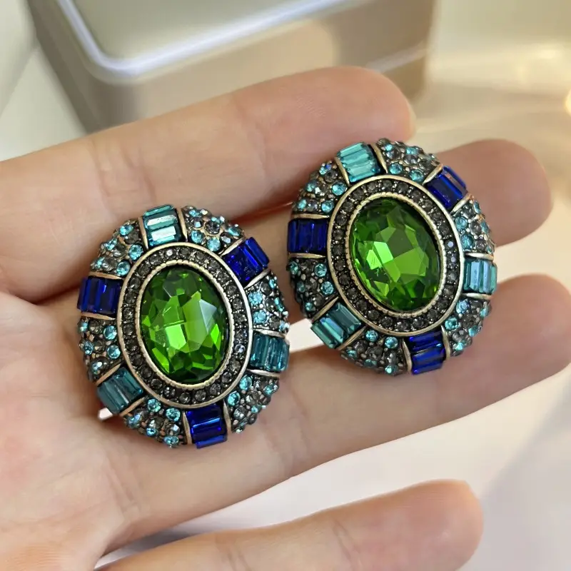 Antique Plain Gold Vintage Popular Colored Glass Rhinestone Inlaid Ear Studs