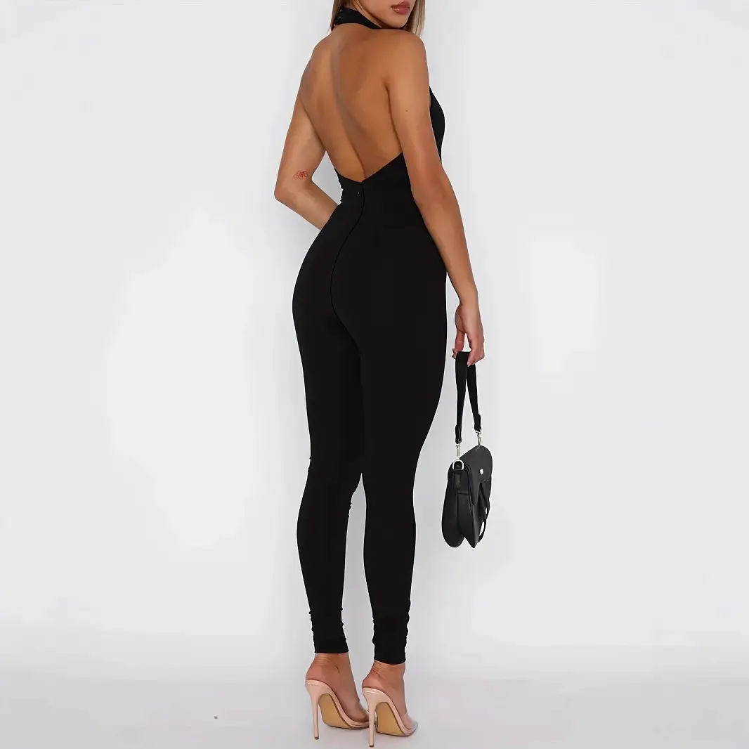 Women's Pure Color Halter Backless Sexy Slim-fit Jumpsuit Trousers