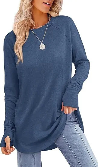 Solid Color Split finger Long sleeved Shirt Loose Mid length Navy - Shop at LoveMi