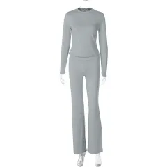 Fashion Casual Crew Neck Top Slim High Waist Bootcut Pants Solid Color Suit - Gray - View 1