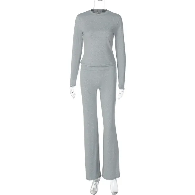 Fashion Casual Crew Neck Top Slim High Waist Bootcut Pants Solid Color Suit Gray - Shop at LoveMi