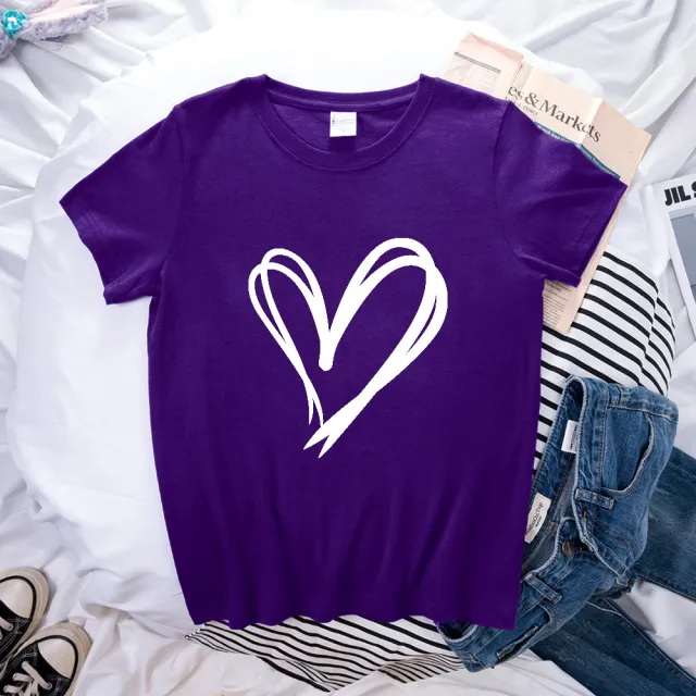 Simple Double Love Pattern Printed Loose Short Sleeve Purple - Shop at LoveMi