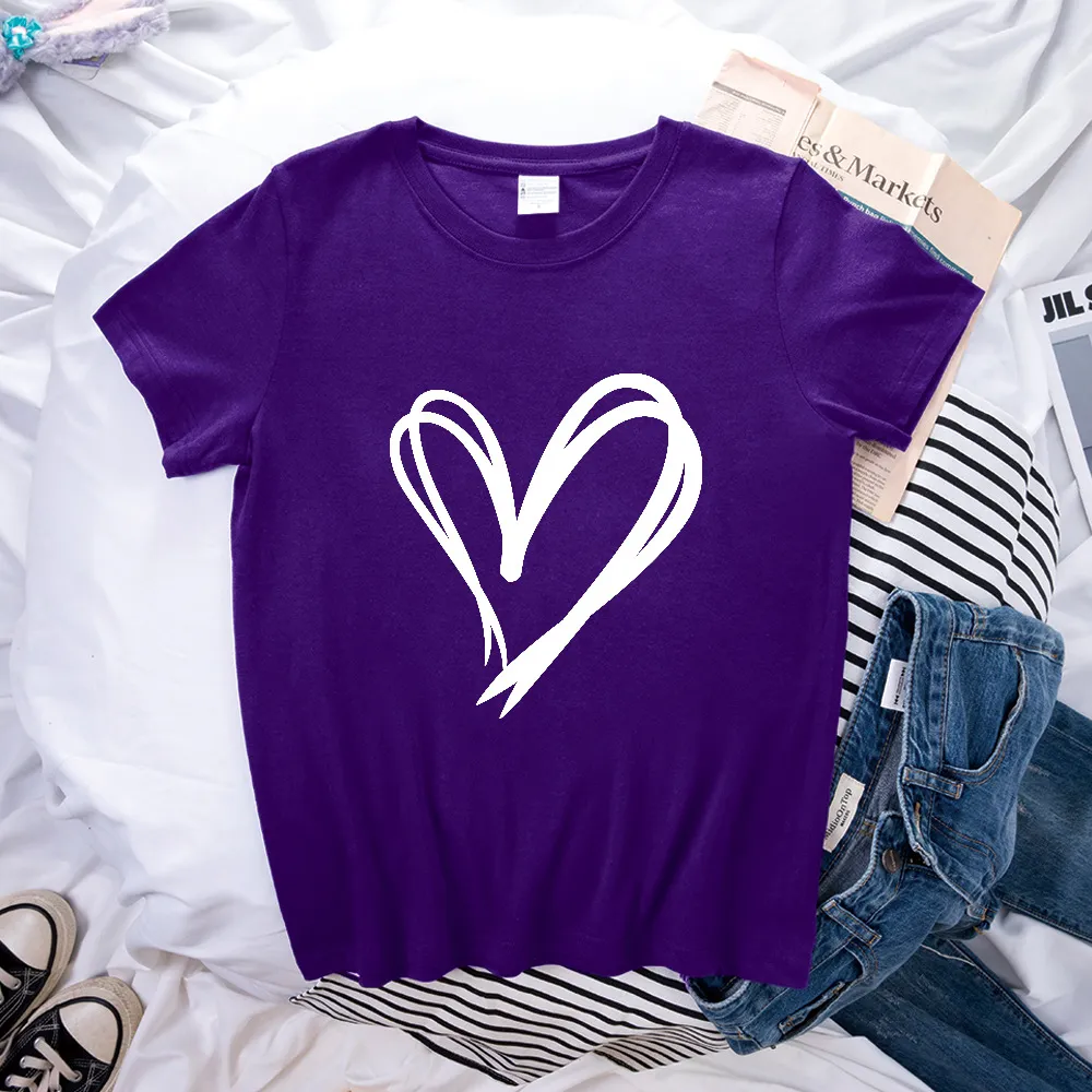 Simple Double Love Pattern Printed Loose Short Sleeve - Purple