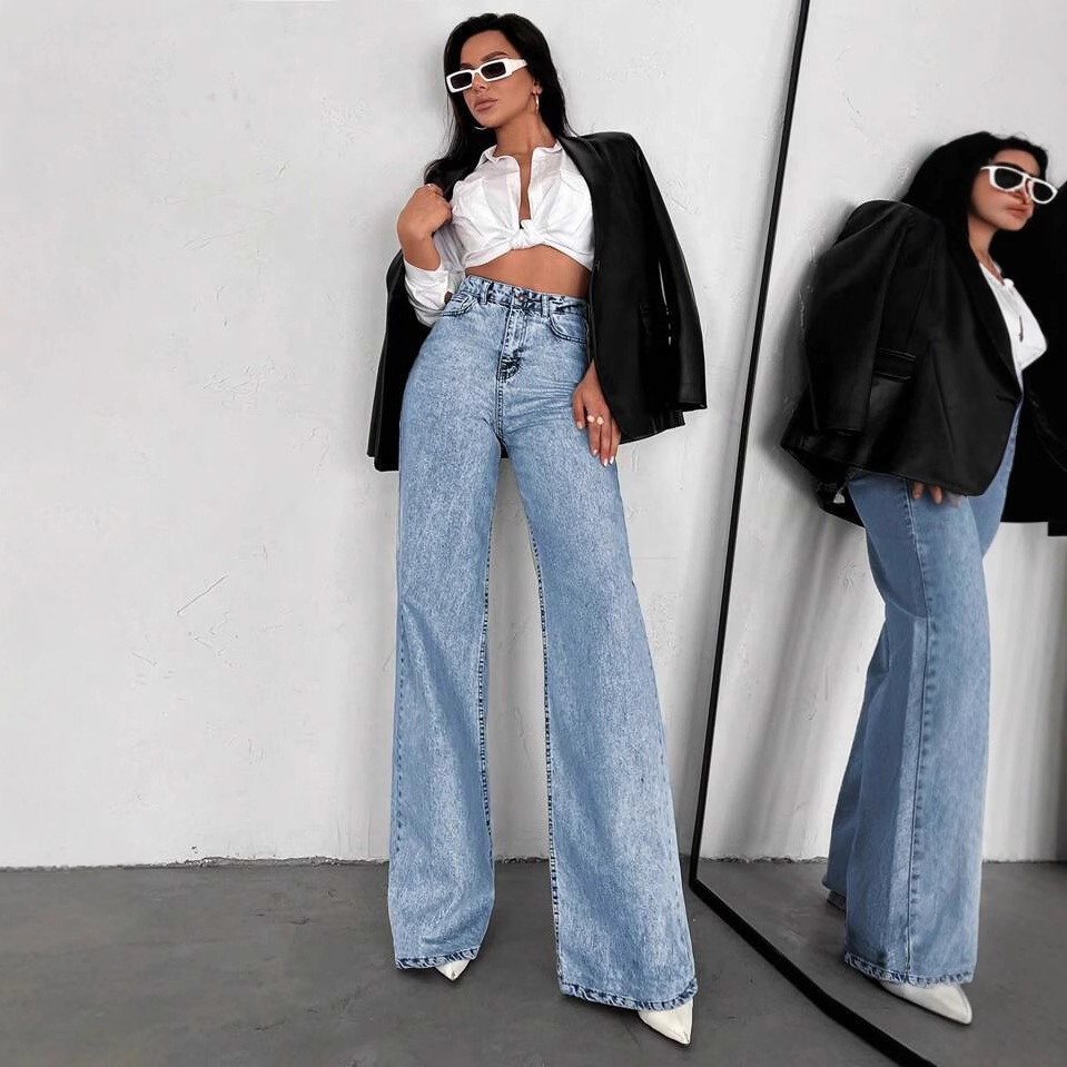 Womens Straight-Leg Denim Jeans Loose Slimming Casual Wide-Leg Style