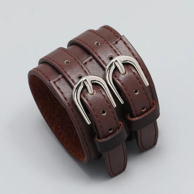 Punk Pin Buckle Leather Bracelet Simple And Adjustable Wide Leather Hip Hop Brown - Shop at LoveMi