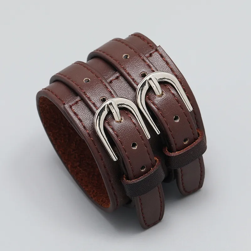 Punk Pin Buckle Leather Bracelet Simple And Adjustable Wide Leather Hip Hop - Brown