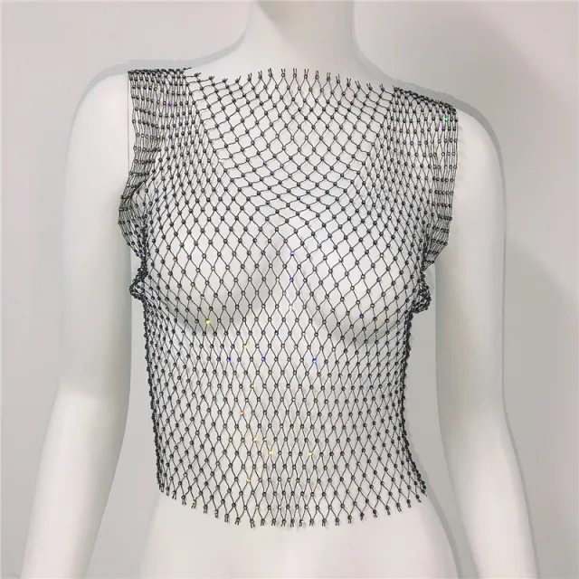 Short Round Neck Fishnet Rhinestone Sleeveless Bottoming Shirt Blouse For Women Black Round Neck - Shop at LoveMi