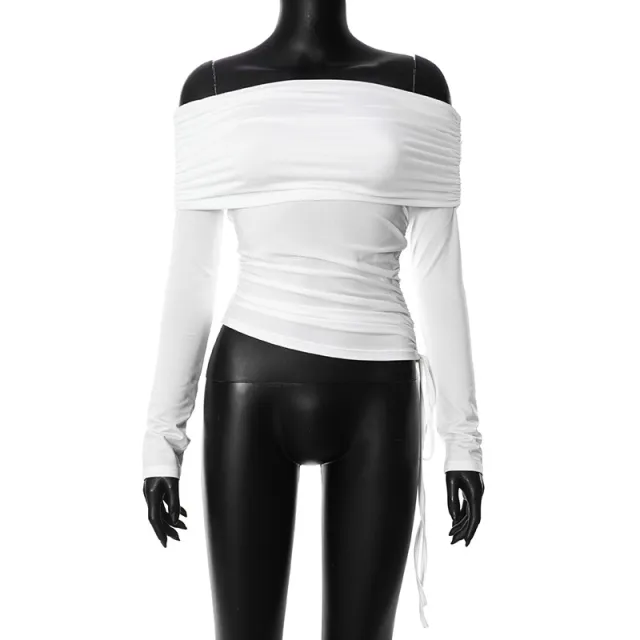 Solid Color Long Sleeve Off shoulder Top White - Shop at LoveMi