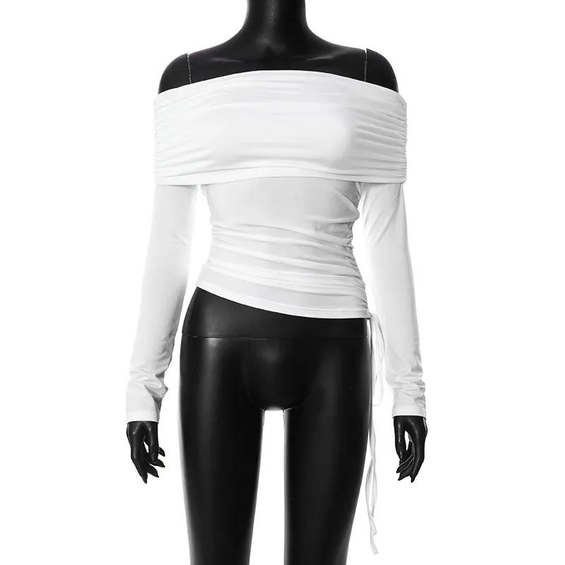 Solid Color Long Sleeve Off-shoulder Top - White