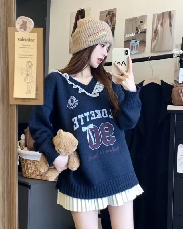 Autumn And Winter Sweet Style Thermal Sweater Pullover Top Navy - Shop at LoveMi