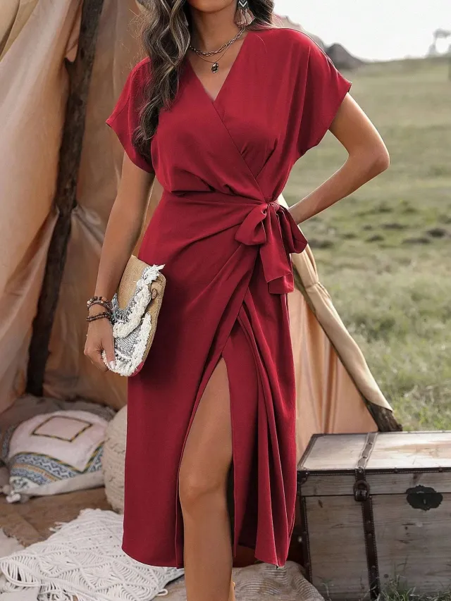 Commuting Fashion Forged Split Women's Solid Color Wrap Suspender Dress Red - Shop at LoveMi