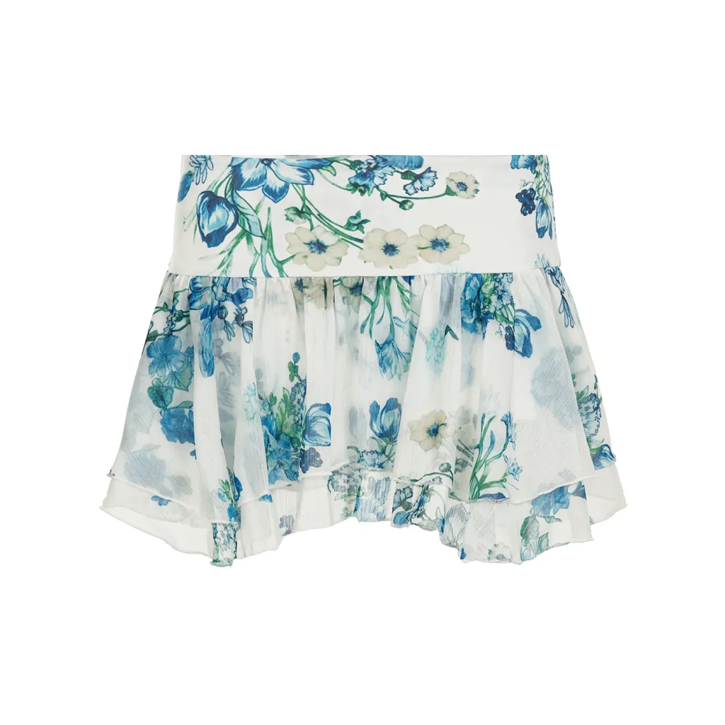 American Street Style Mesh Floral Print Irregular Skirt - Blue