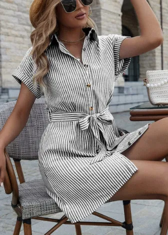 Casual Short Sleeve Striped Printed Dress Black - Shop at LoveMi