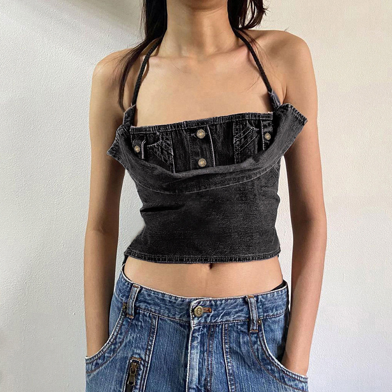 Punk Hot Girl Women's Off-neck Stitching Halter Ribbon Stitching Vest