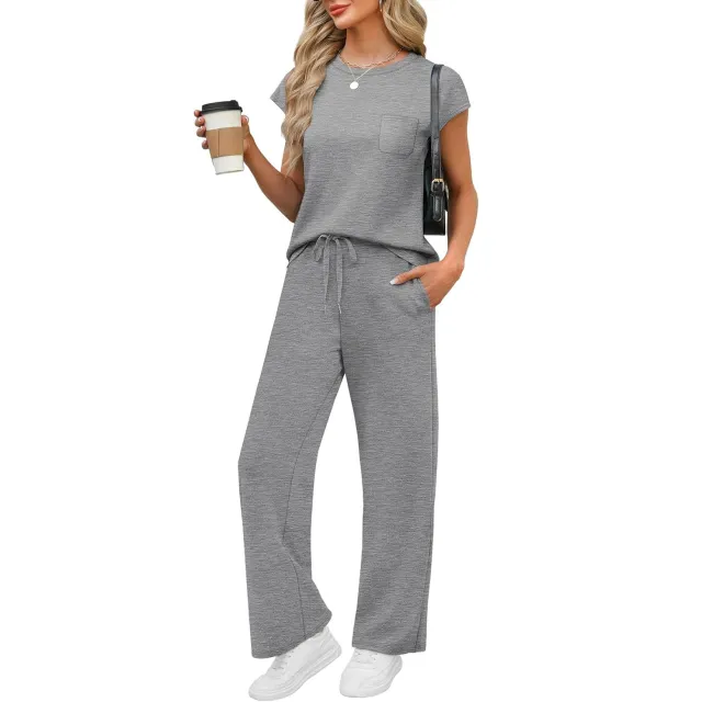 Round Neck Loose Short Sleeves Pocket Two piece Pants Casual Suit Gray - Shop at LoveMi