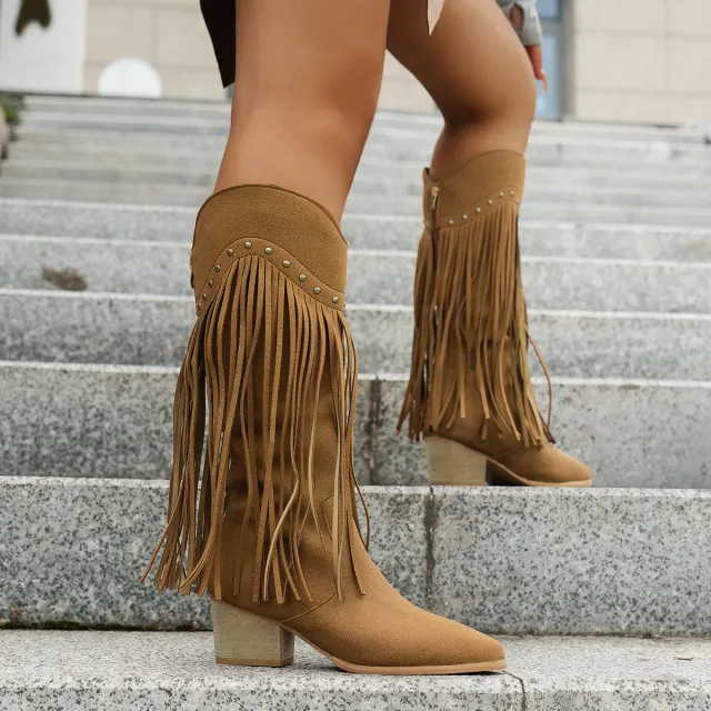 Pointed Toe Chunky Heel High Tube All matching Women's Boots Brown - Shop at LoveMi
