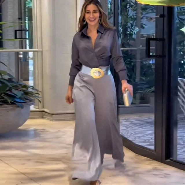 Waist tight Wide leg Pants Two piece Set Women's Pants Suit Gray Top Pants - Shop at LoveMi